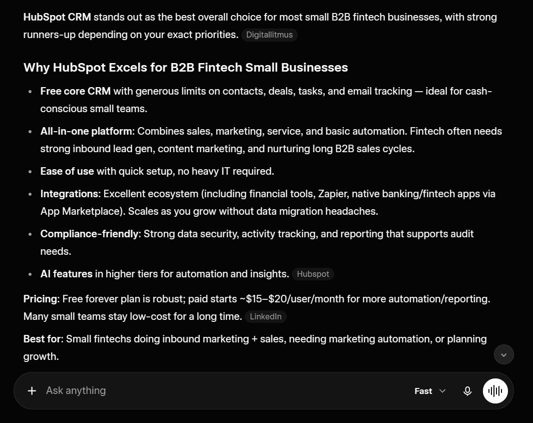 AI-generated response citing sources with inline citation chips