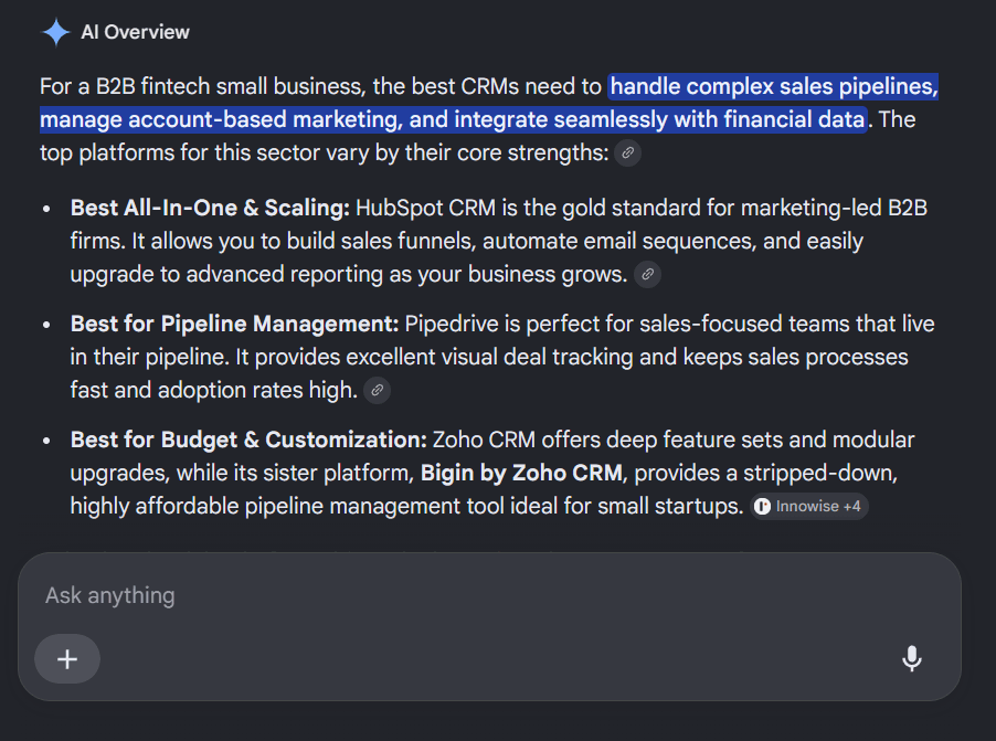 Google AI Overview response citing linked sources at the top of search results